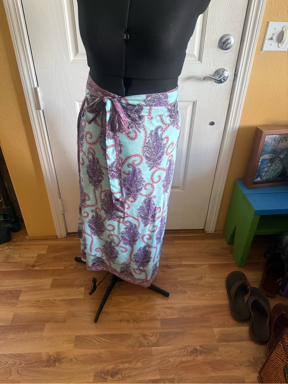 Impressions Aqua and Pink Floral Paisley Wrap Skirt